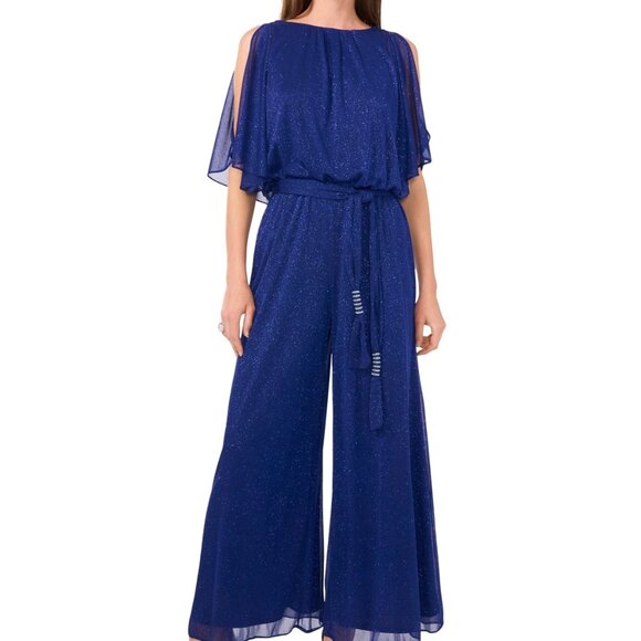 MSK Blue Glitter Chiffon Blouson Wide Leg Jumpsuit L NWT Evening Formal - Picture 3 of 7